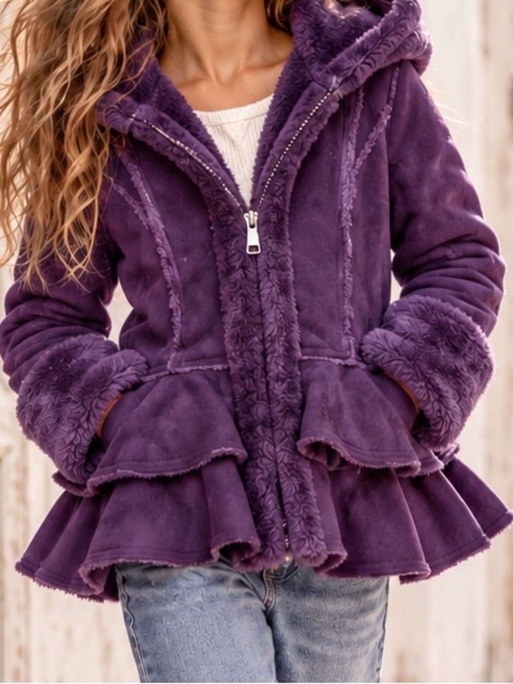 Hawke & Co. purple faux suede/faux shearling hooded jacket. Holiday, boho